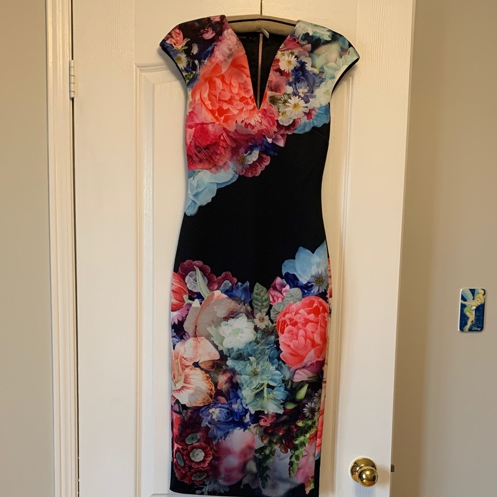 Ted Baker London Black Midi Dress with Coral, Blue & Green Floral Print